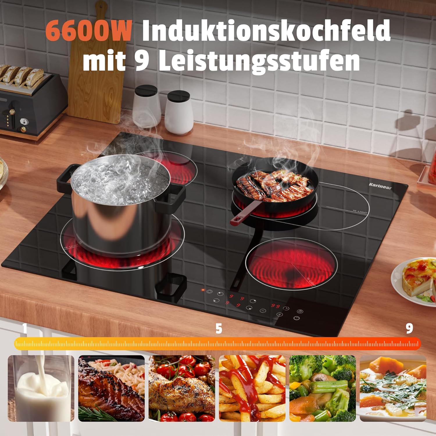 Karinear Glaskeramikkochfeld 4 Platten, Kochfeld Keramik Autark mit Doppelter Ausziehbarer Zone, Touch-Bedienelemente, Timer, Sicherheitsverriegelung, 6600 W, Herdplatte 60 cm Einbau, 240V
