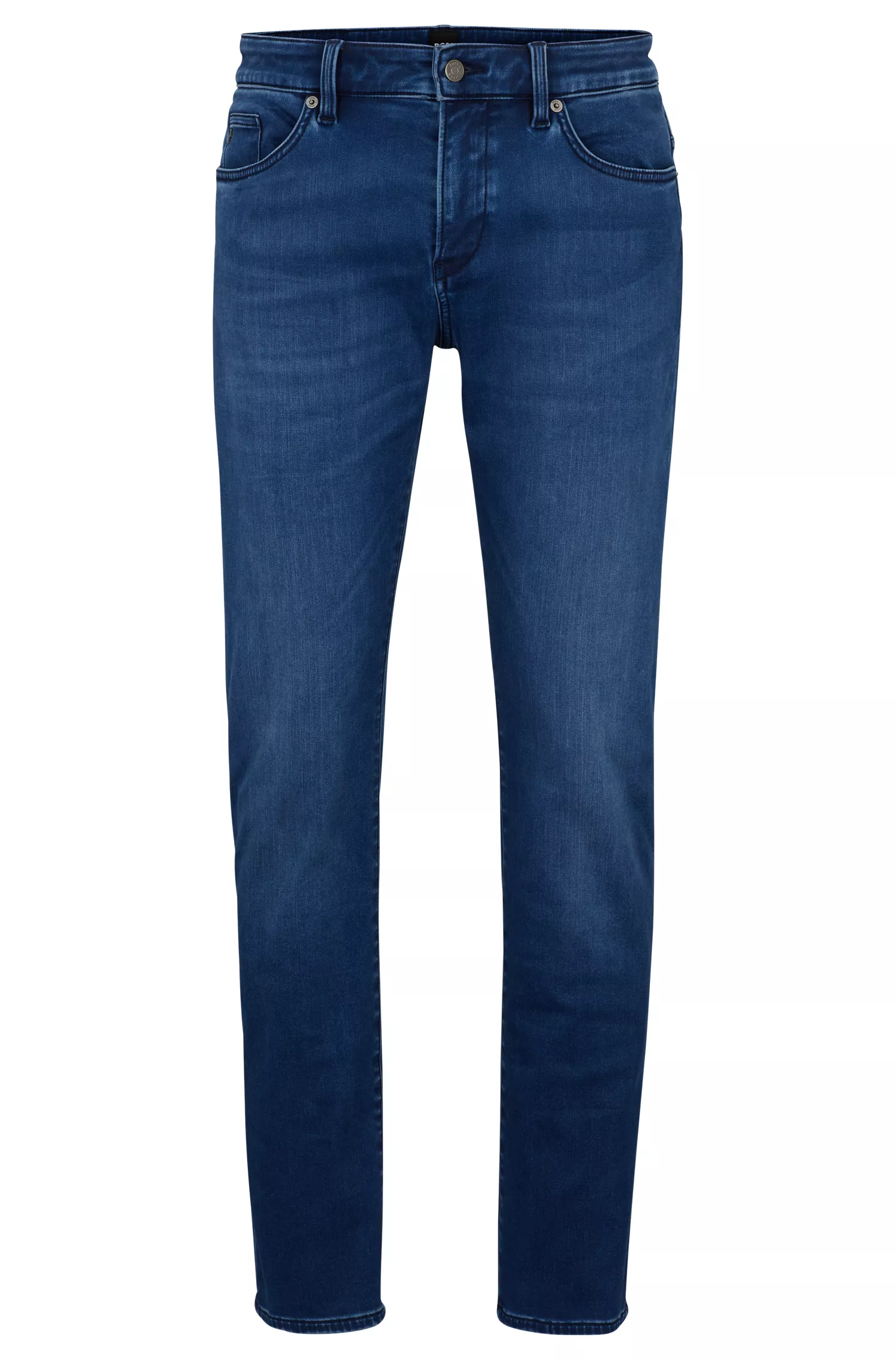 Calça jeans BOSS preta, corte slim, em denim elástico azul.