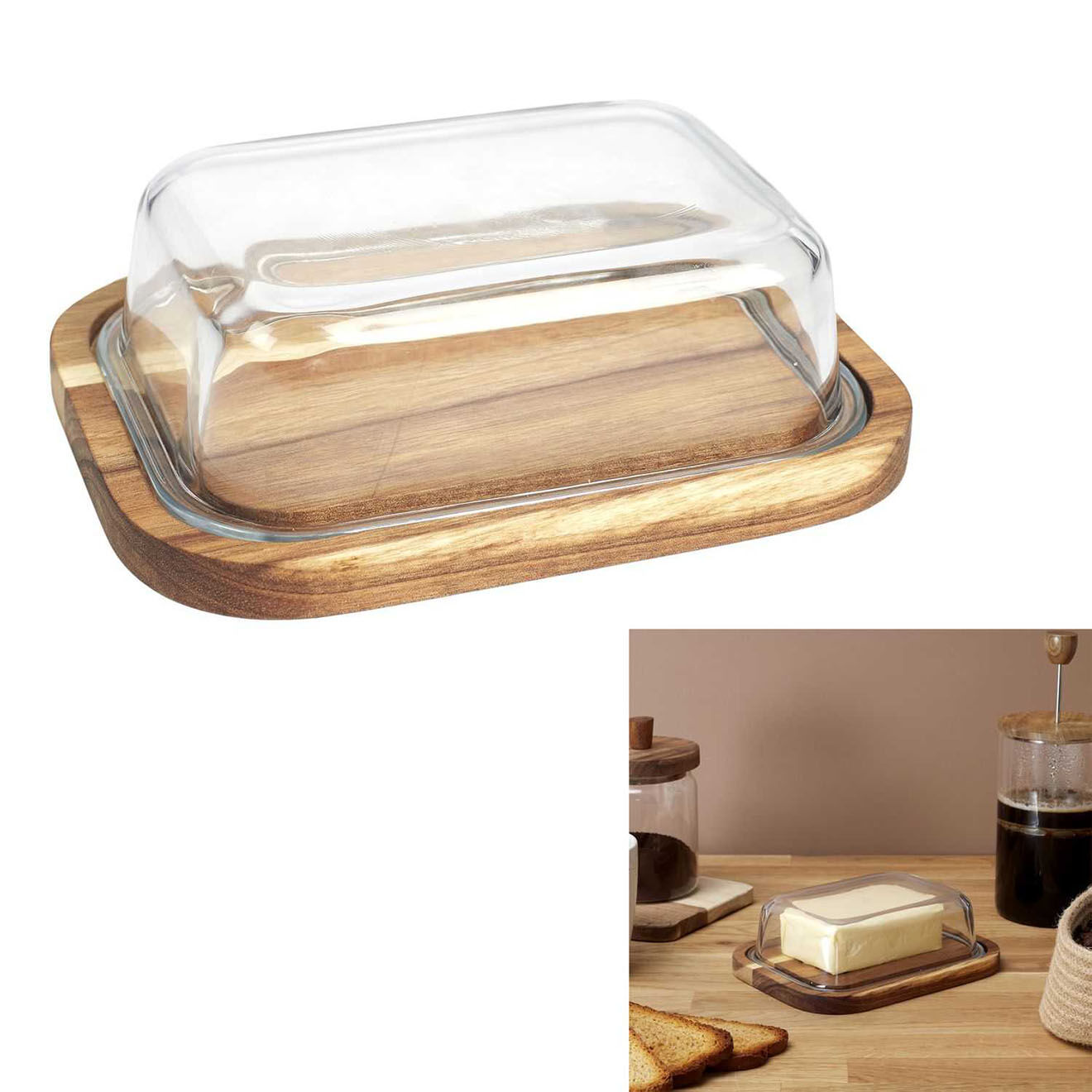 Home Deco Factory Beurrier en verre et acacia natural