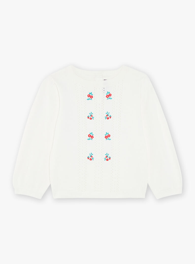 Pull écru ajouré à broderies fleuries et fraises