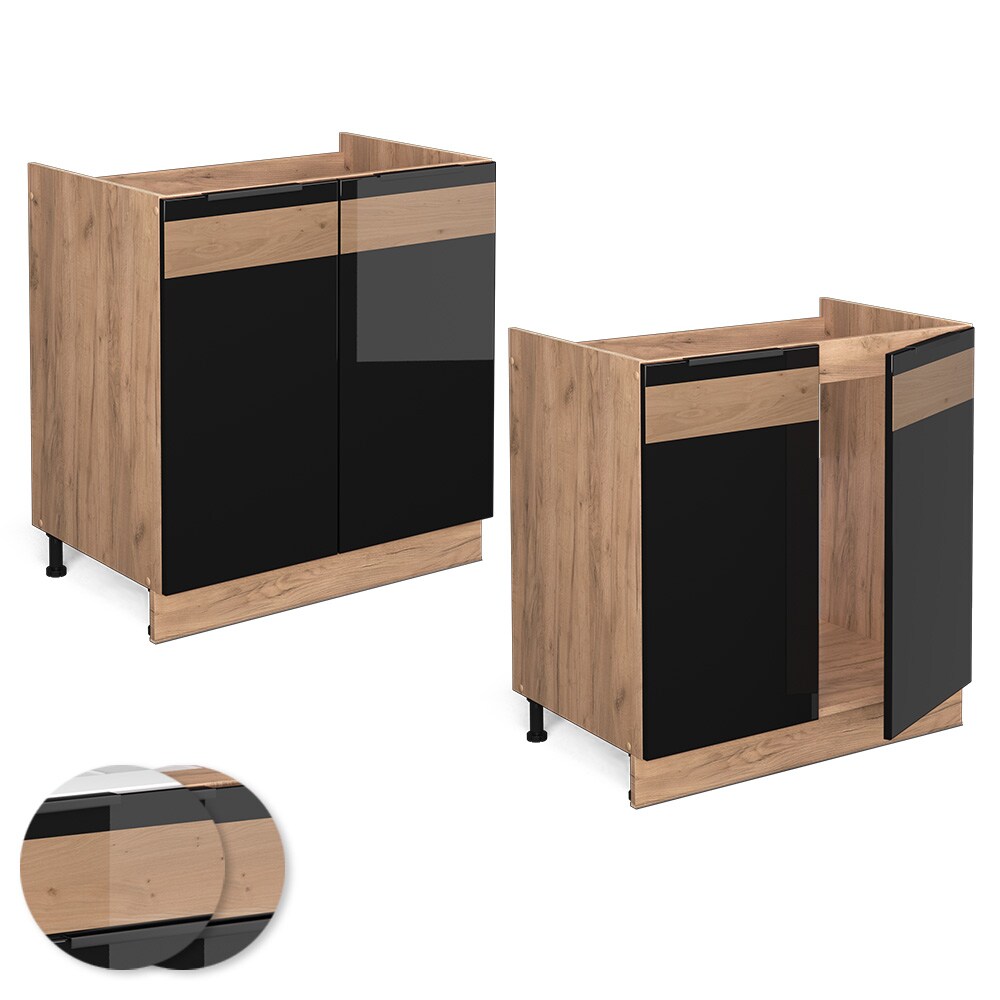 Vicco Spülenunterschrank Küchenschrank Küchenmöbel Fame-Line Eiche Schwarz 80 cm modern Hochglanz