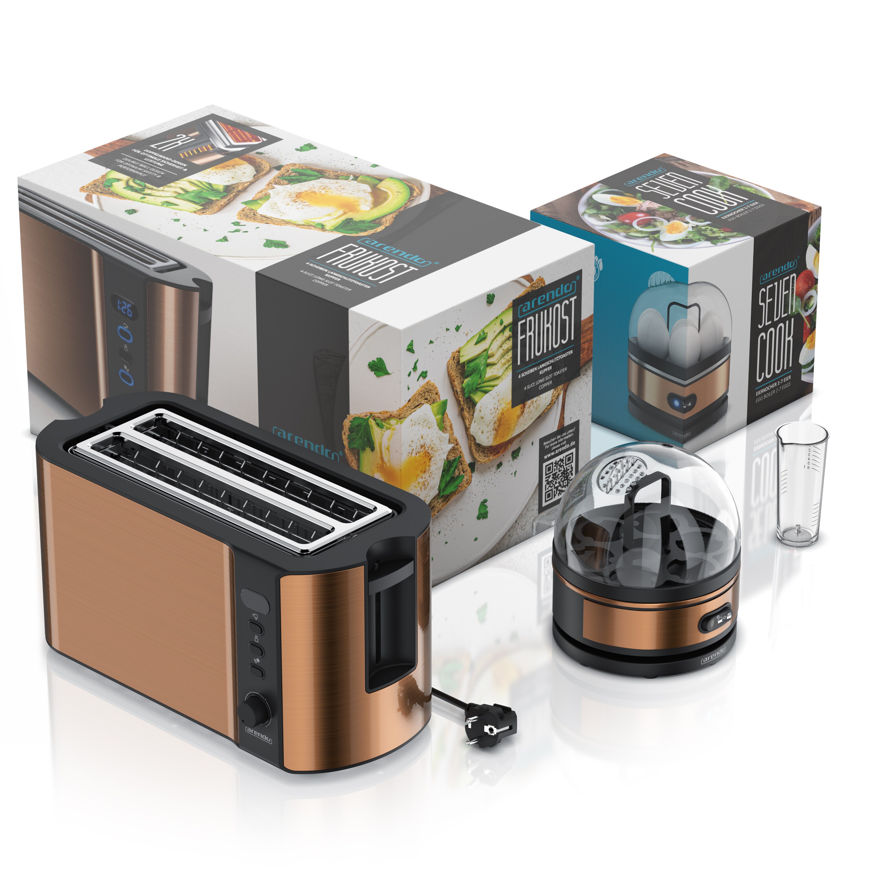 Arendo - SET Toaster FRUKOST mit Eierkocher SEVENCOOK Edelstahl Kupfer, Toaster 4 Scheiben, LED-Display, 6 Bräunungsgrade, Brötchenhalter - Eierkocher