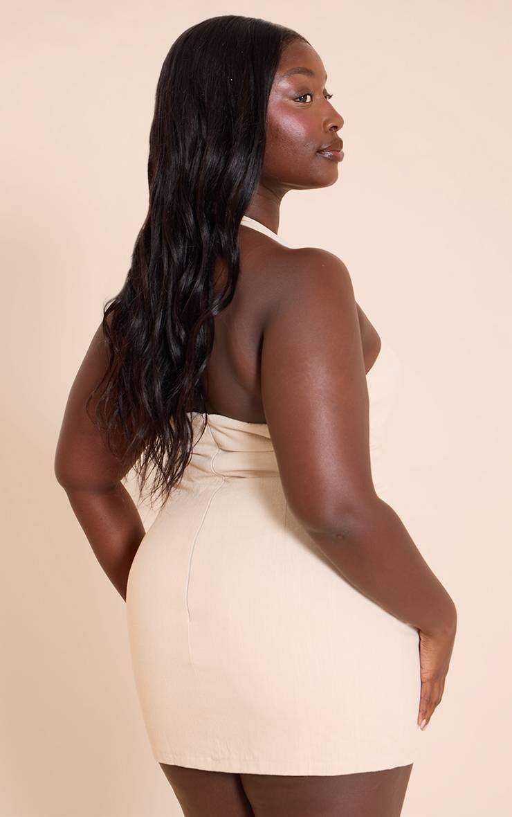 Naturel Robe Mini À Encolure Américaine En Lin Premium Grande Taille