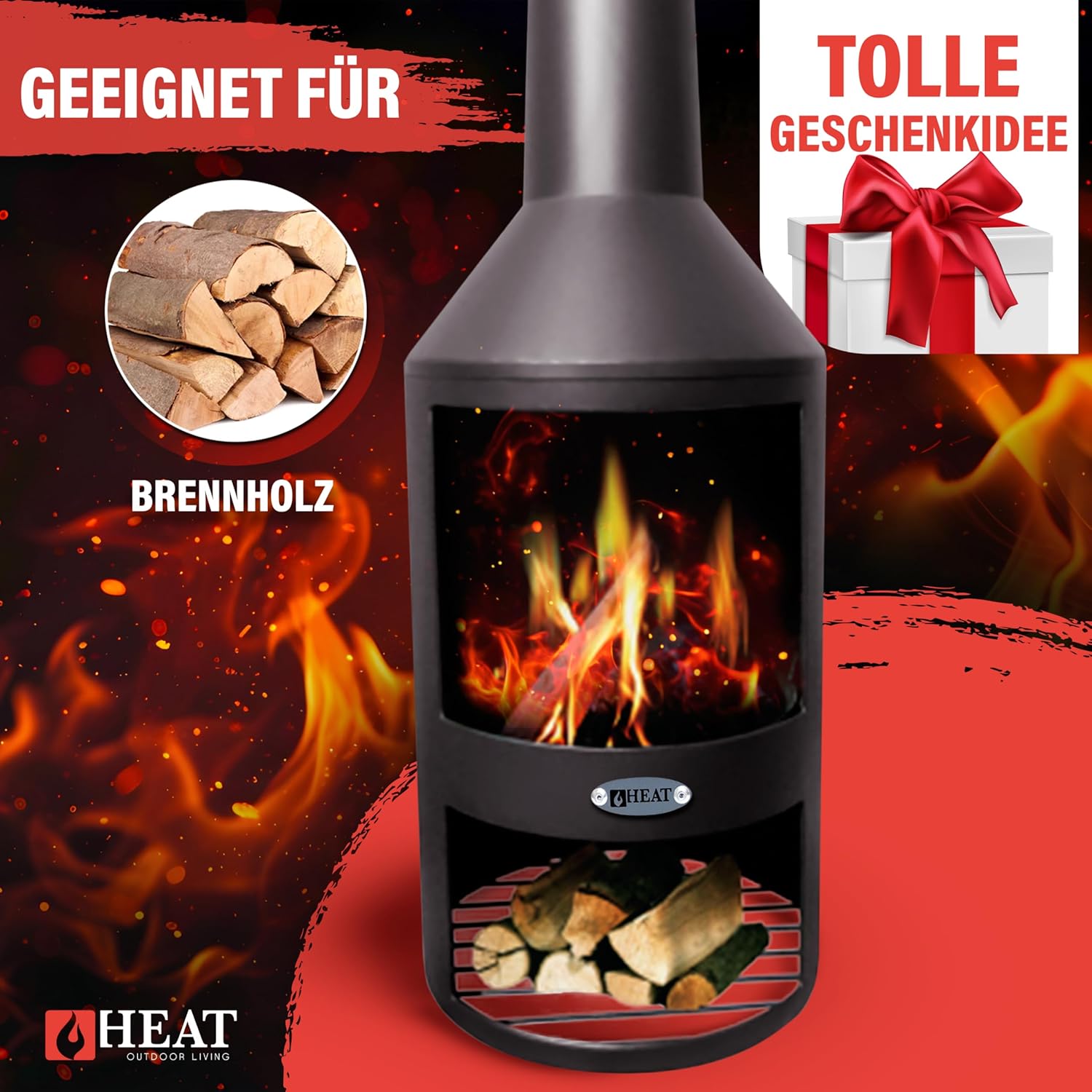 Larvik - Terrassenofen - Feuertonne & Feuerstelle für entspannte Abende - Feuersäule Outdoor - Terrassenkamin und Gartenkamin - Gartenofen aus Stahl - Holzofen - 45x45x130cm