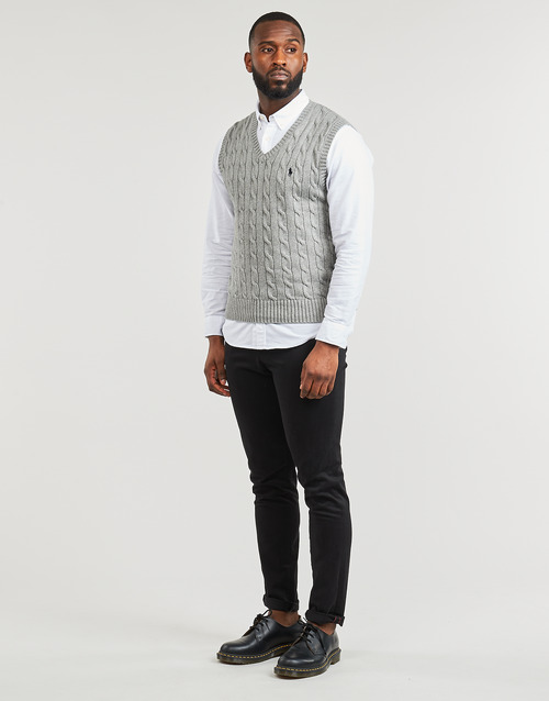 Polo Ralph Lauren - PULL COTON CABLE COL V SANS MANCHE Gris / China / Fawn / Gris / Heather