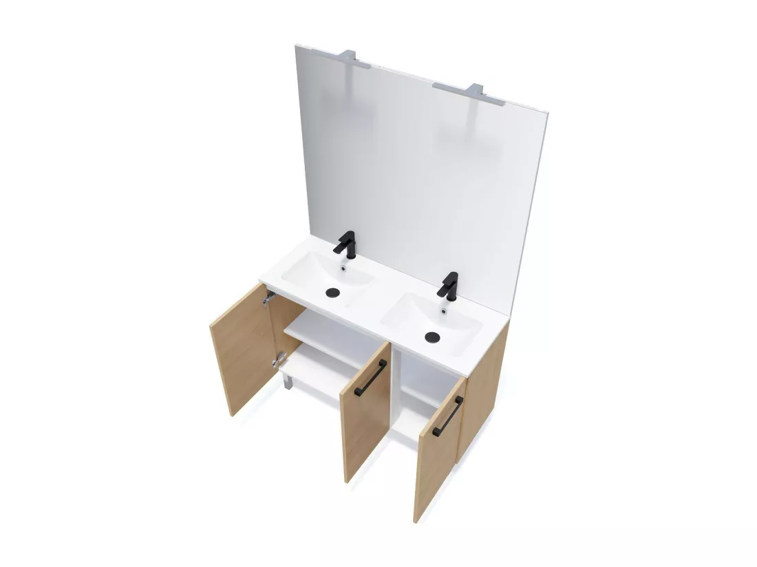 Meuble de salle de bain suspendu avec pieds double vasque intégrée 120cm 3 portes Chêne clair - Chelsea
