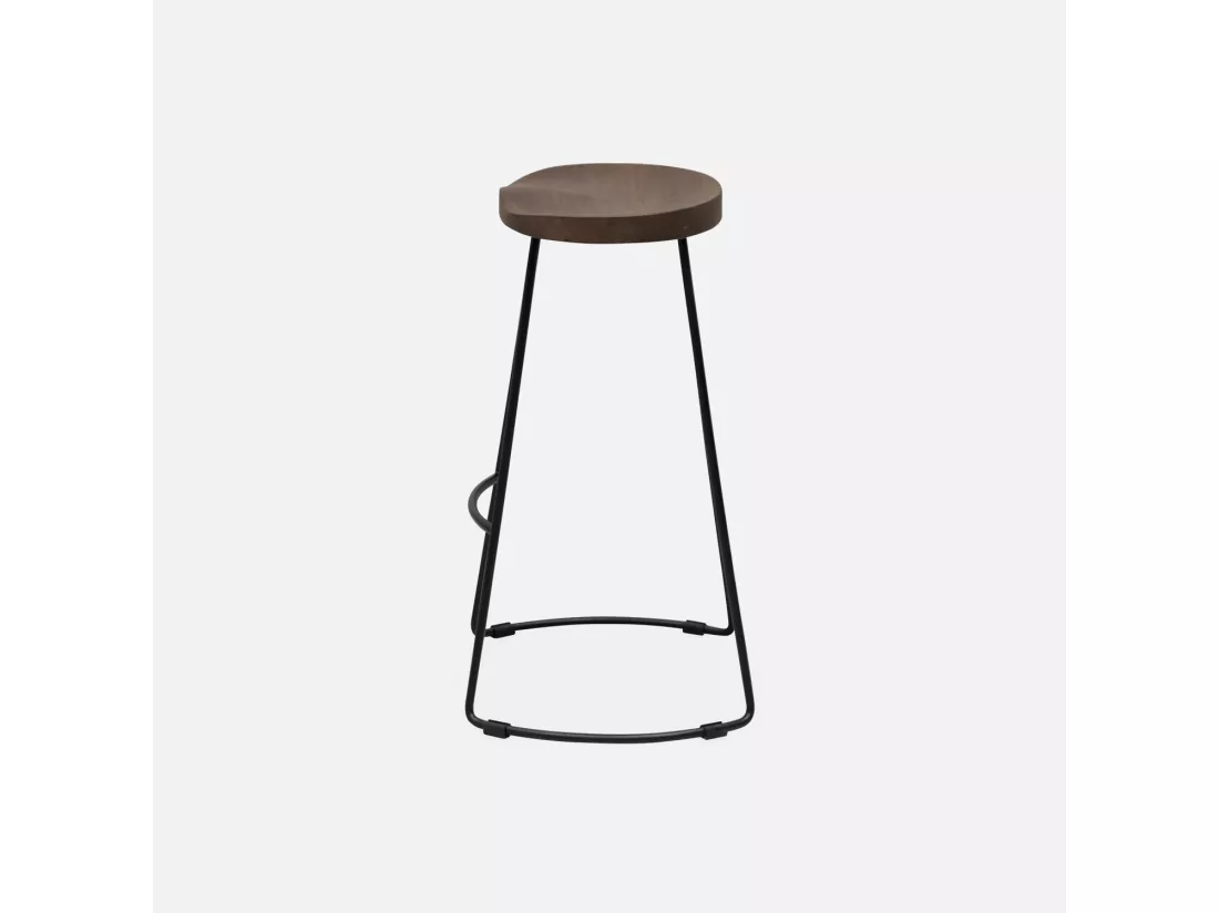 Lot de 4 tabourets de bars bois de manguier teinté noyer et acier. avec repose pieds. 65cm