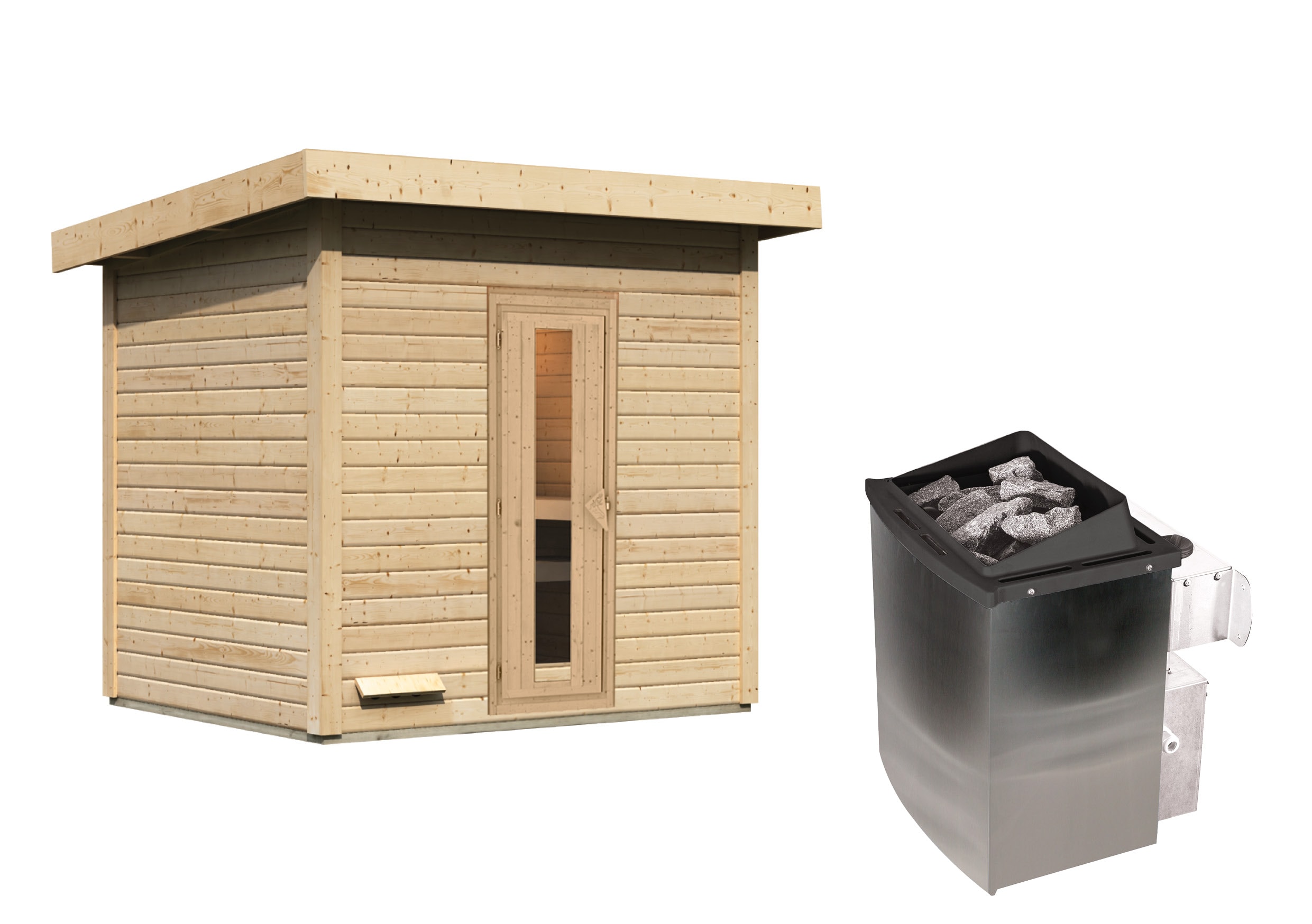 Karibu 38 mm Saunahaus Melo 3 naturbelassen mit Ofen 9 kW integrierte Strg