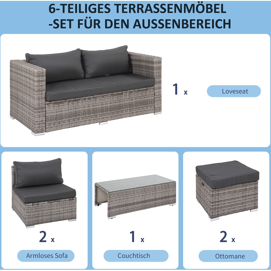 Outsunny Rattan Gartensitzgruppe als 6-teiliges Set grau