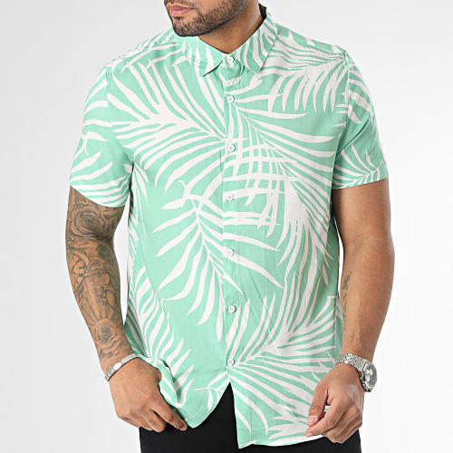 Chemise Manches Courtes Floral Vert Blanc