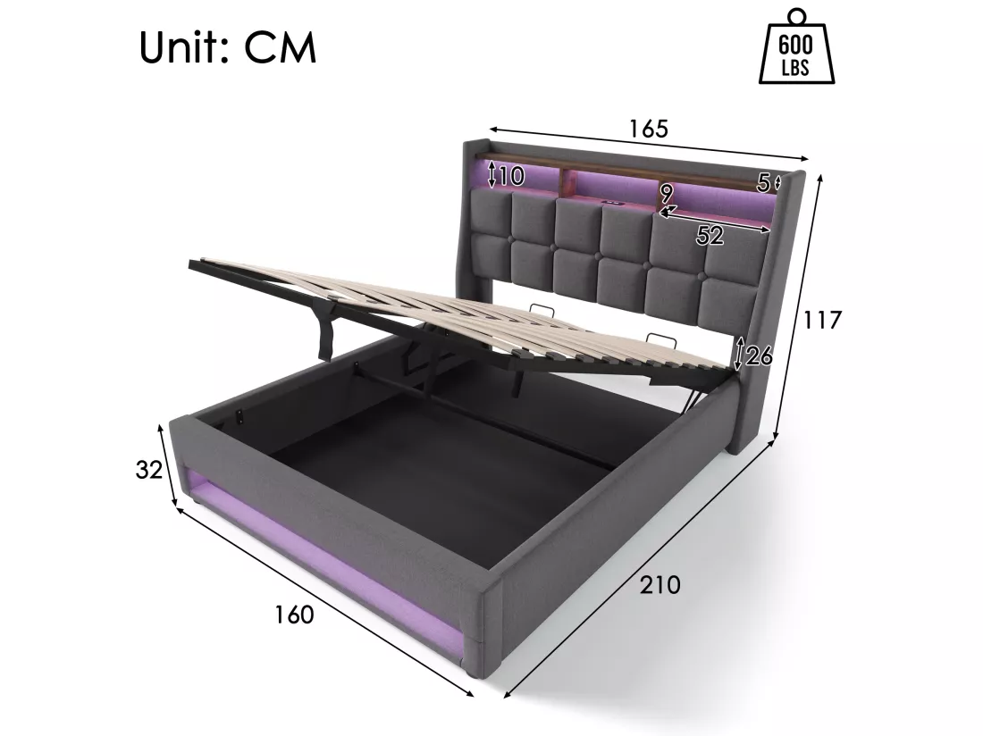 Lit coffre en lin 160x200cm avec LED et ports USB - sommier à lattes - gris