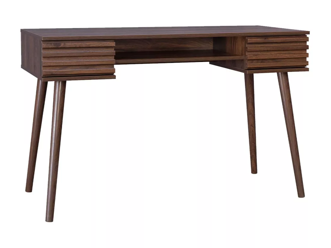 Bureau effet bois 2 tiroirs MADERE noyer. 1 casier. façade rainurées. 120 x 55 x 76.5 cm