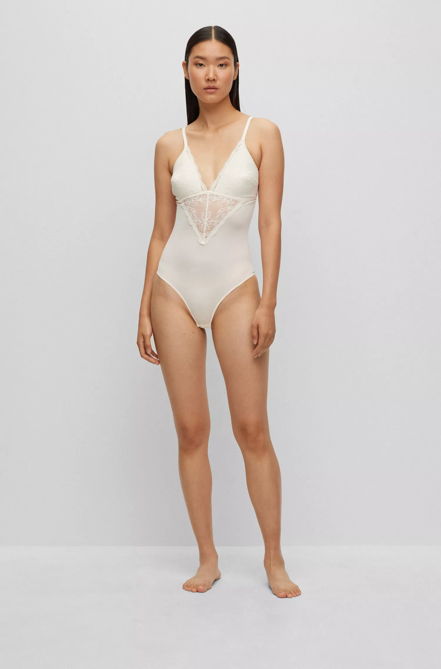 Body BOSS com detalhes em renda preta e alças com o logotipo.