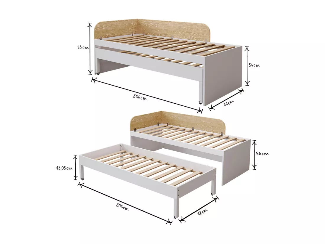 Pack lit gigogne avec tiroir et matelas 90x200 cm bois massif blanc NOHA