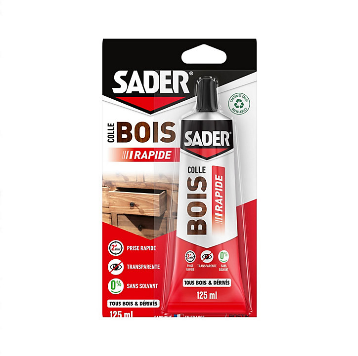 Colle à bois à prise rapide Sader transparente après séchage tube de 125 ml