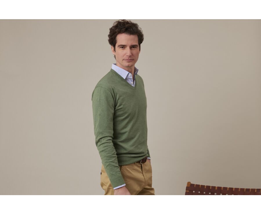 Pull fin homme col V coton bio/cachemire Sauge Chiné - VALTON