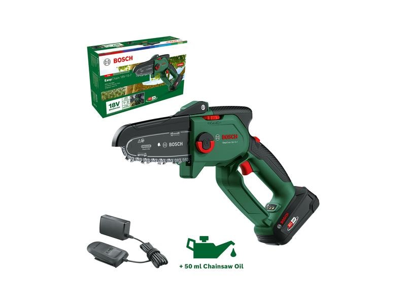 Bosch Akku-Kettensäge EasyChain 18 V-15-7, KIT Leistungsstarke und kompakte Astsäge mit kabellosem Komfort.