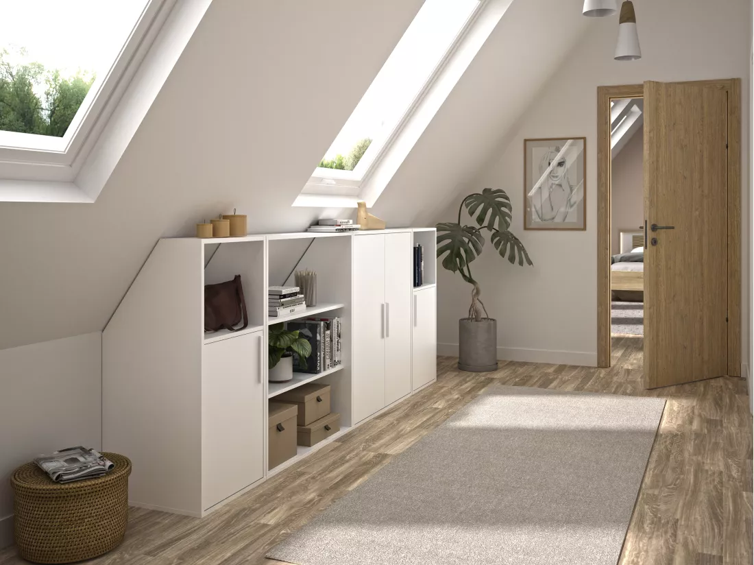 Meuble sous pente 4 portes, 2 étagères et 2 niches - Blanc - ADEZIO
