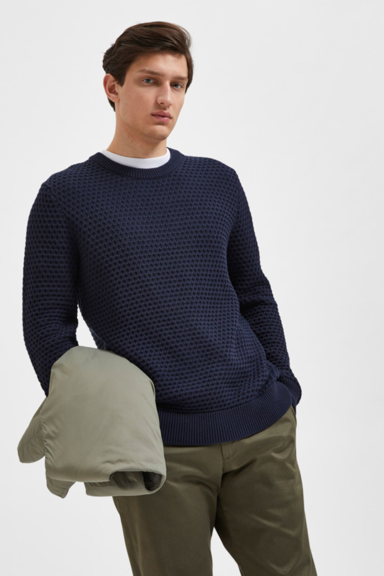 Suéter masculino de gola redonda em algodão orgânico - Azul