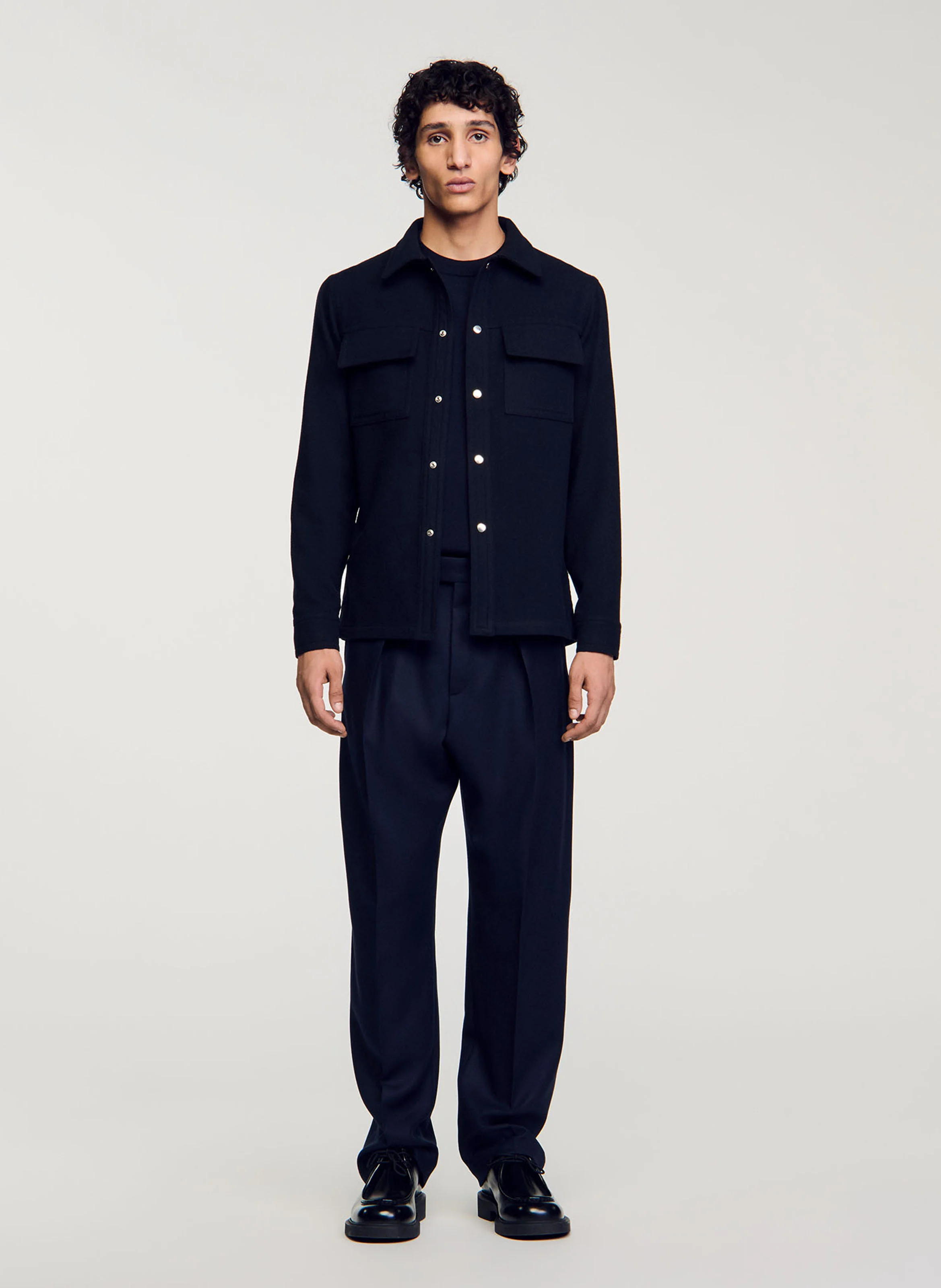 Chemise col classique droite en laine mélangée | Bleu