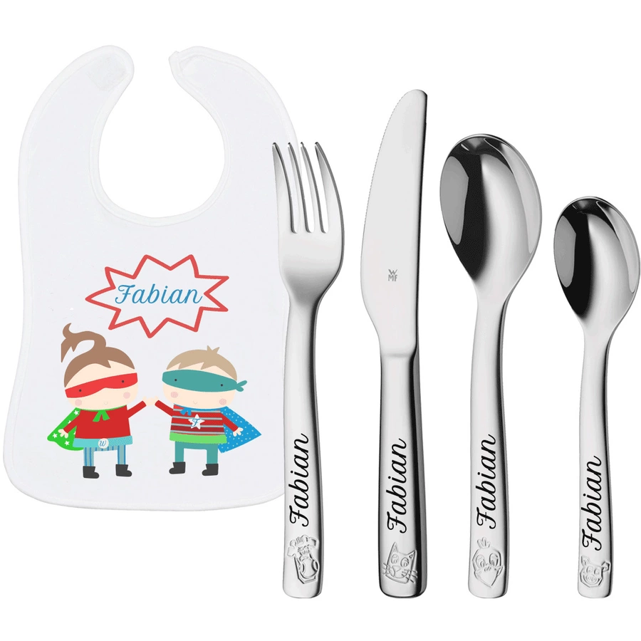 Schnullireich Geschenkset mit Namen WMF Kinderbesteck Farm + Baby Lätzchen Helden Silber