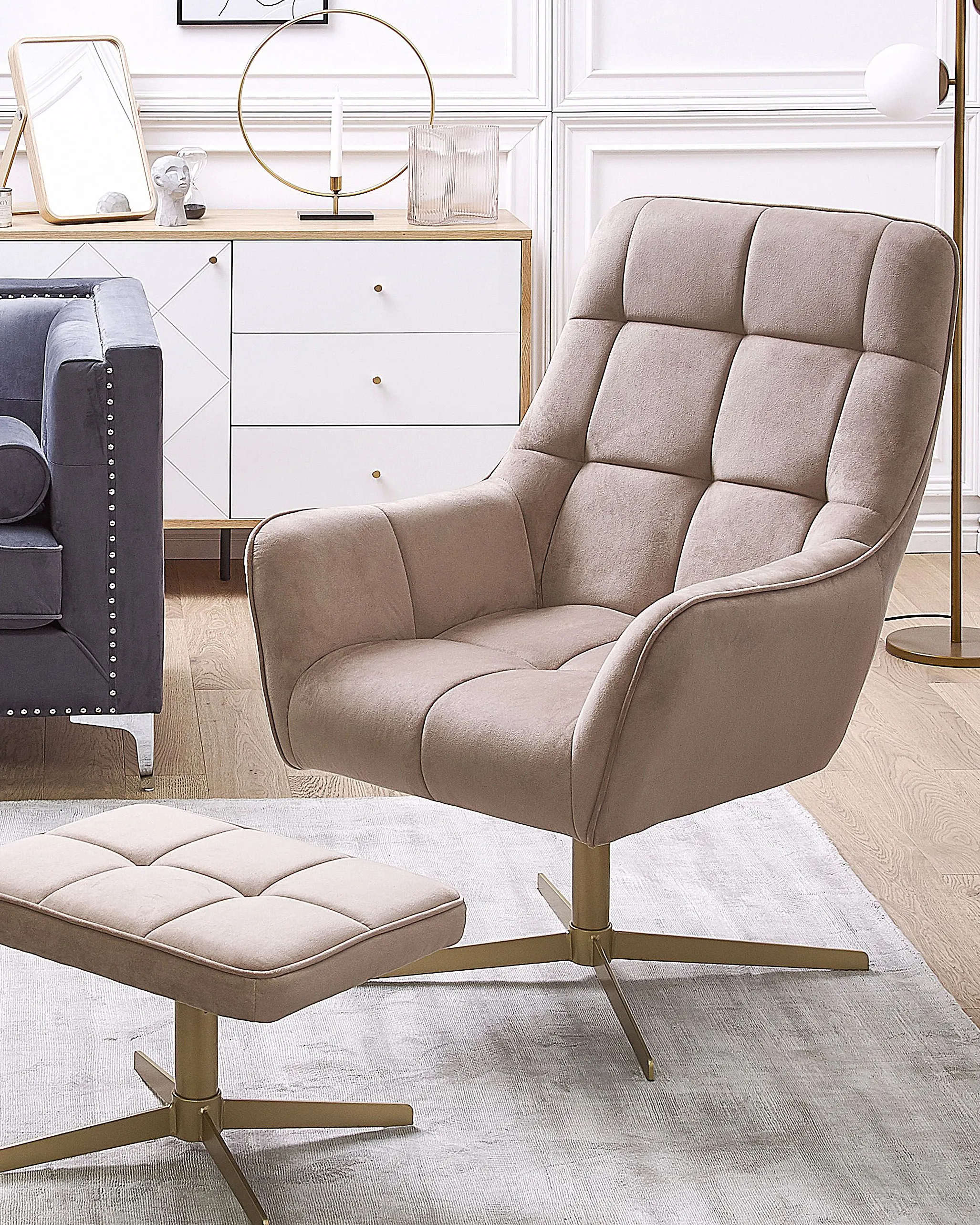 Draaifauteuil MOLLE met voetenbank Fluweel Beige