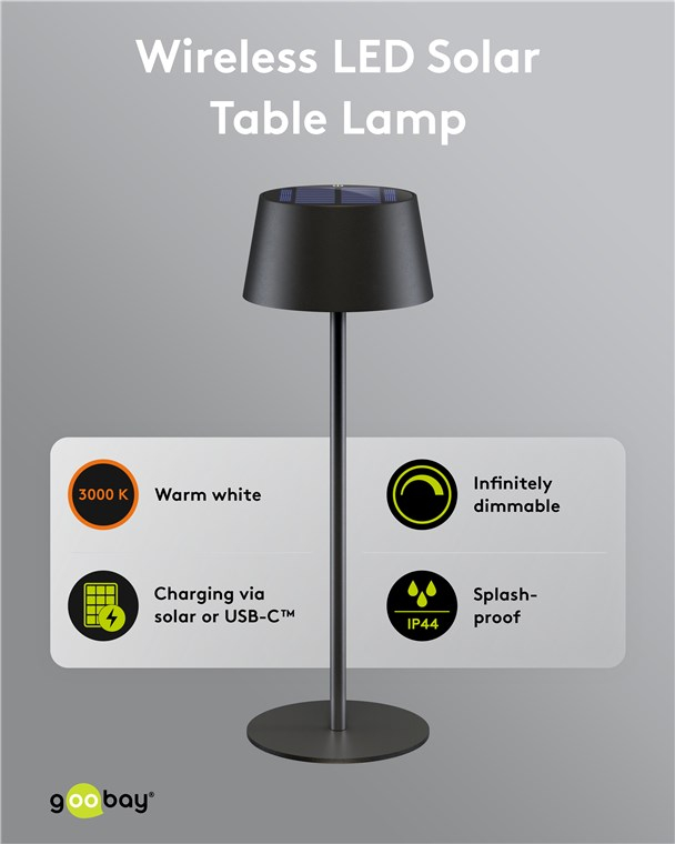 LED Solar Tischleuchte Outdoor Deko Garten Lampe Kabellose Beleuchtung mit Touch Steuerung IP44 (72026) - Schwarz / Warmweiss