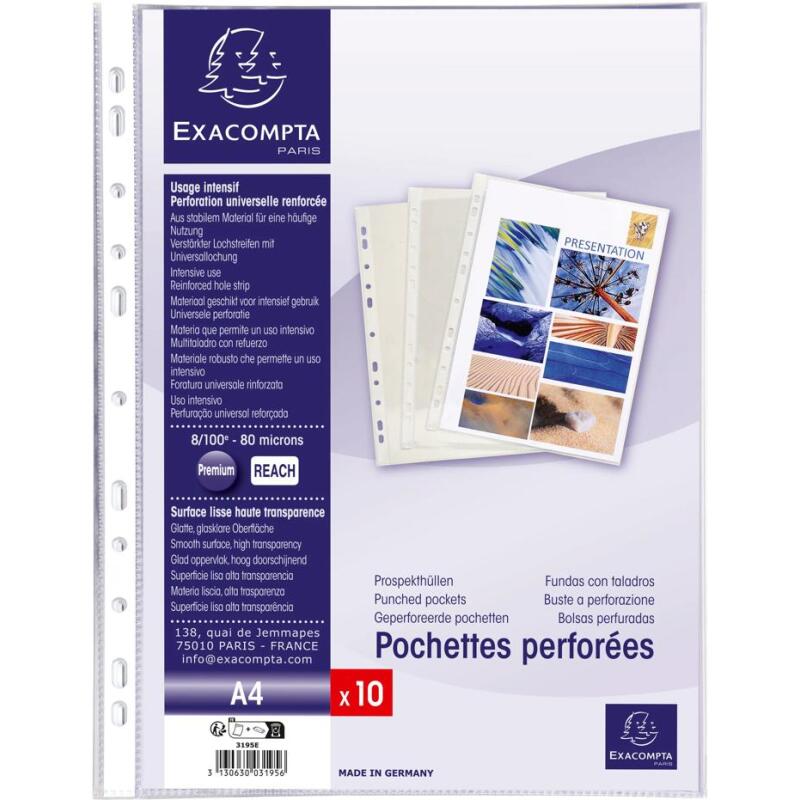 Sachet de 10 pochettes perforées - PVC lisse - A4 - Cristal