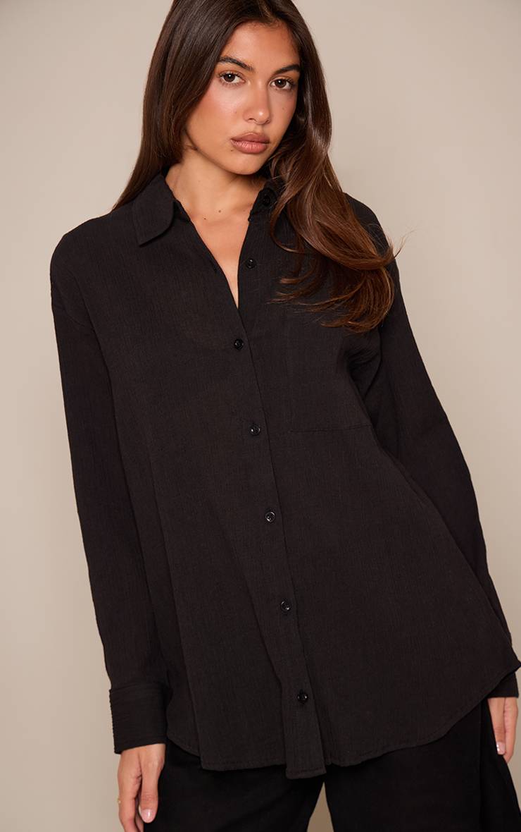 Noir Chemise Oversize Texturée À Détail De Poche
