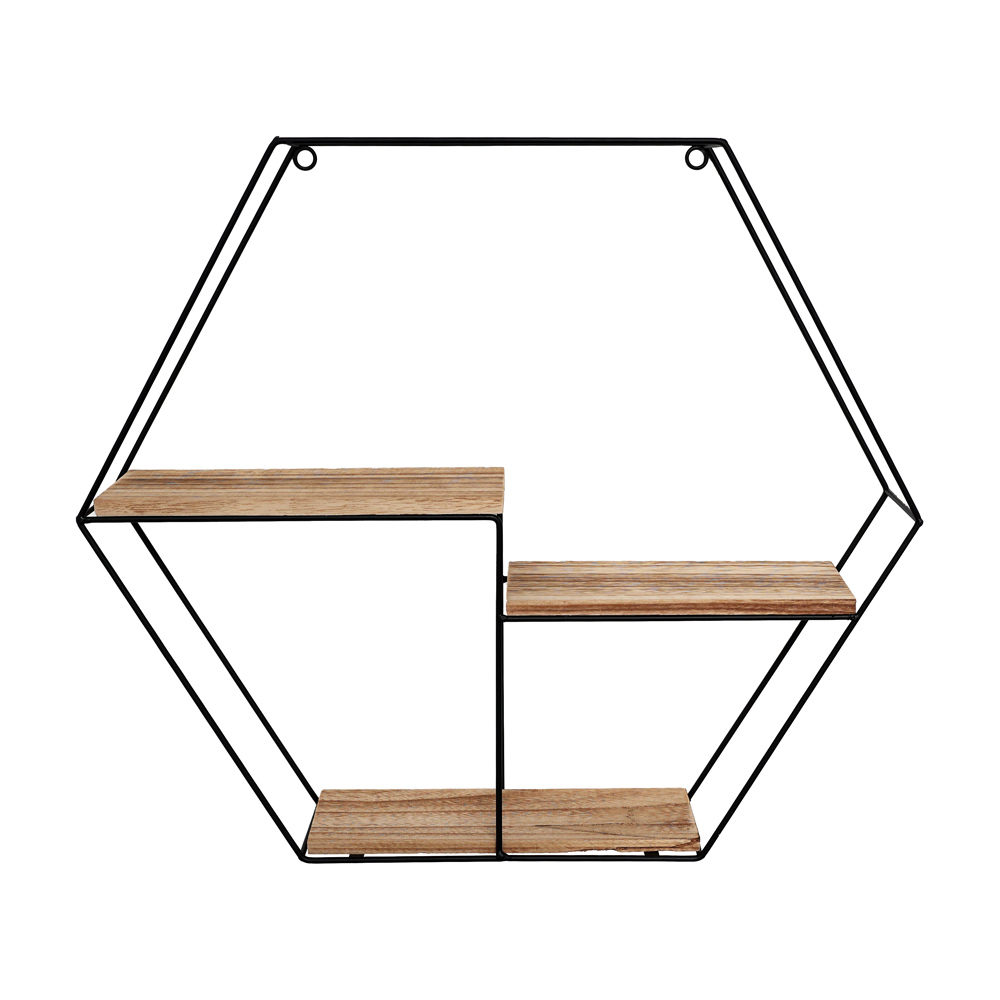 Etagère murale en métal noir avec 3 étagères - hexagone - 48x55x10 cm