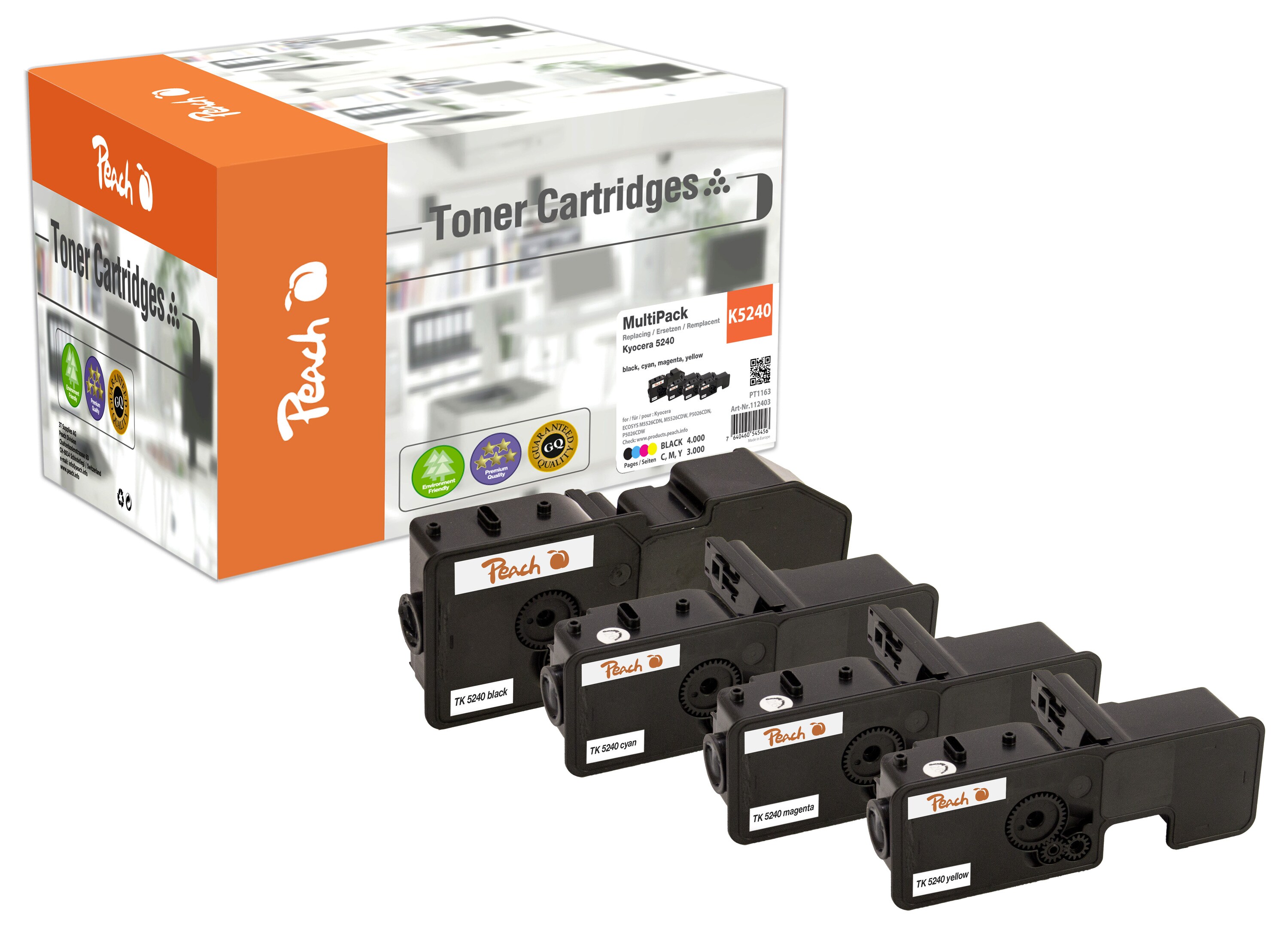 Peach K52404 Toner (bk, c/m/y) ersetzt Kyocera TK-5240 für z.B. Kyocera ECOSYS M 5526 cdn, Kyocera ECOSYS M 5526 cdw, Kyocera ECOSYS M 5526