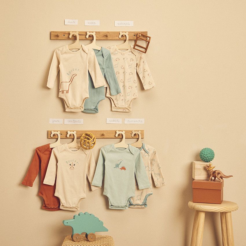 Lot de 7 bodies manches longues dinosaures pour bébé garçon - Vert