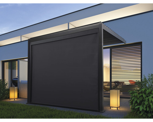 Pergola met lamellendak 3x3 kader RAL 7015 leigrijs incl. verticale zonwering (wandmontage)