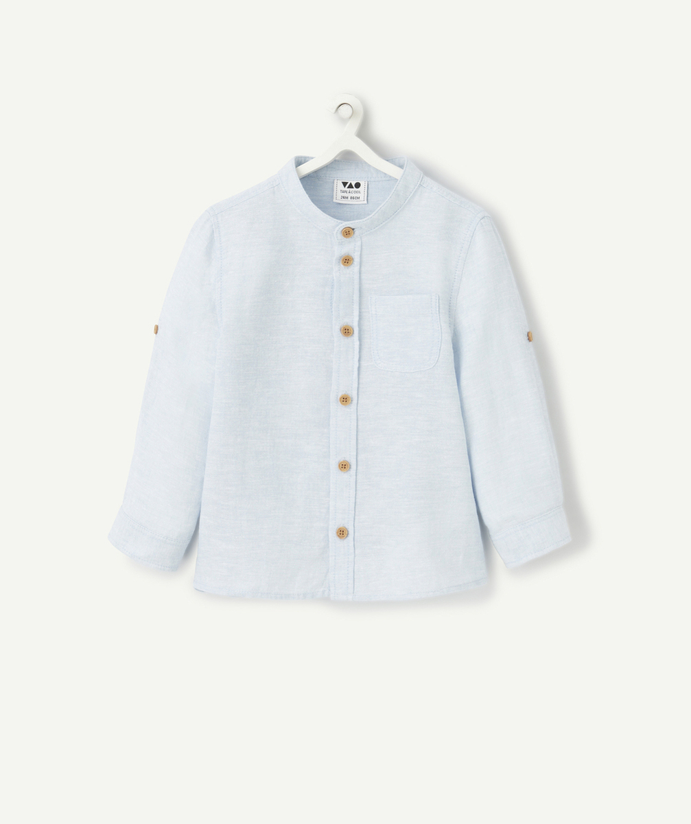 chemise bleu ciel bébé garçon avec col tunisien et poche