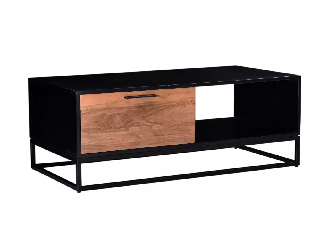 Table basse avec 1 tiroir et 1 niche en bois d'acacia et métal - Naturel foncé et noir - ALYONA