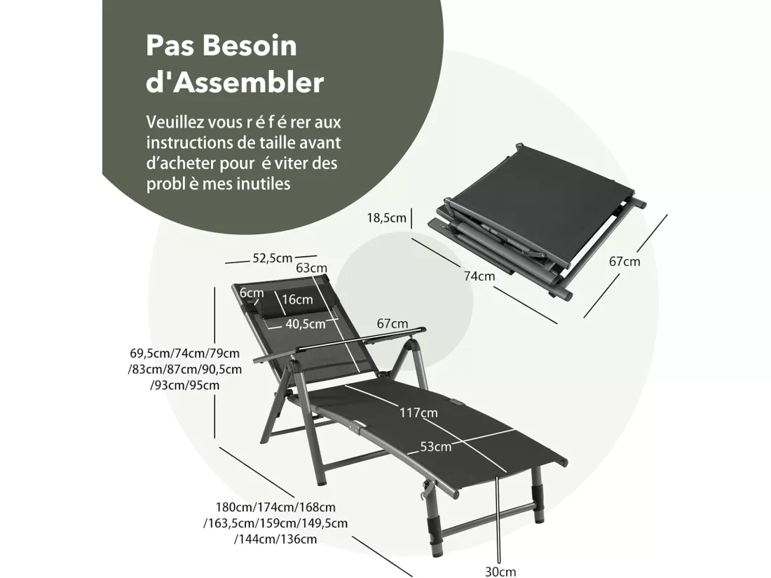 Chaise Longue d'Extérieur en Aluminium, Chaise Longue Pliante de Patio avec 8 Positions de Dossier et 2 Pieds Réglables, Tissu et velours à Séchage Rapide pour Piscine, Jardin, Plage