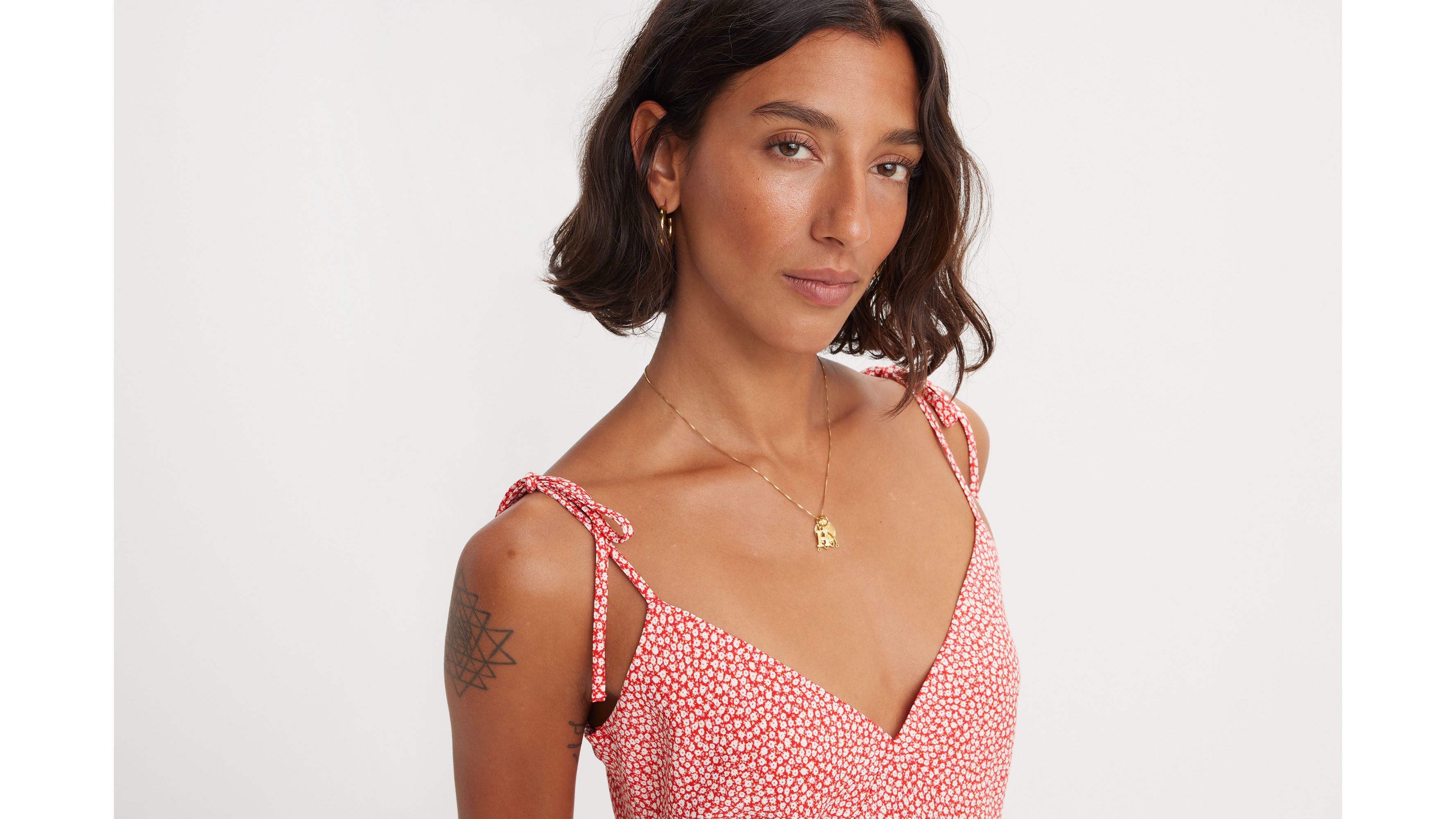 Robe mi-longue Rena - Olive Floral Coral Red - Rouge