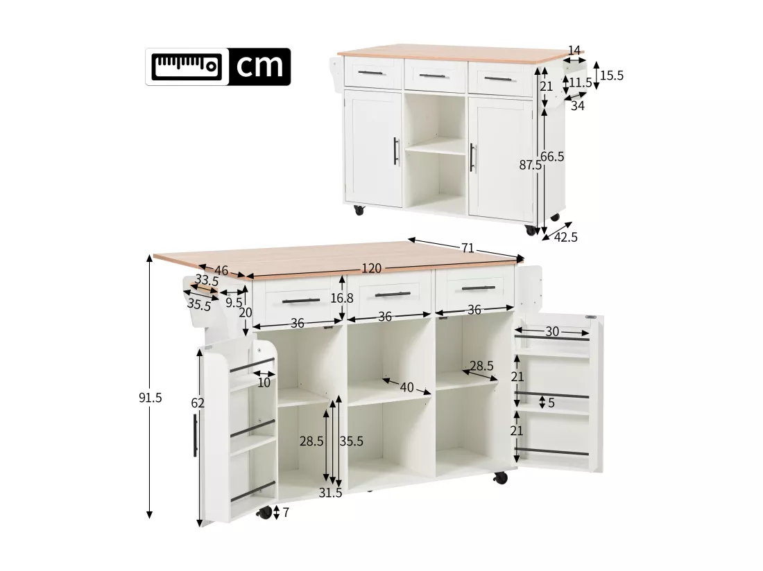 Ilot central de cuisine mobile avec 2 portes et 3 tiroirs - plateau extensible - 129x46/71x91,5 cm - Bois MDF + métal - Blanc + naturel
