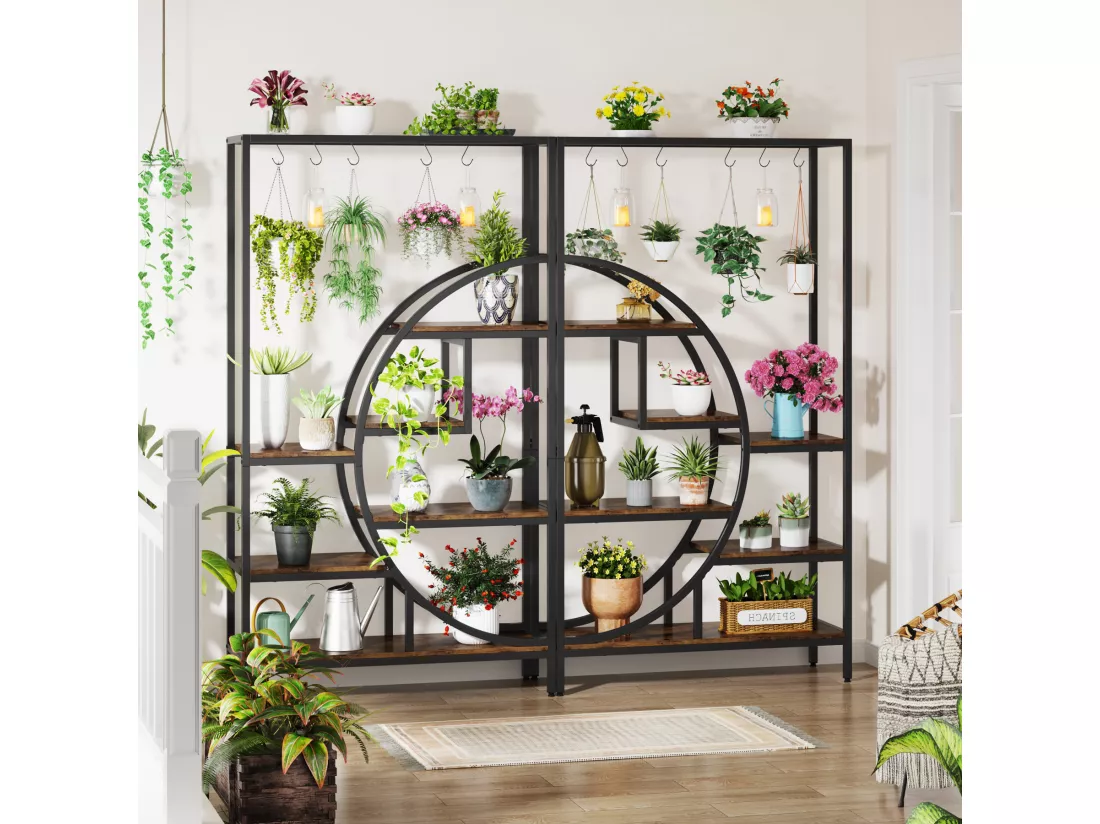 Support pour plantes d'intérieur à 7 niveaux, étagère pour plantes en forme de demi-lune de 180 cm avec 6 crochets de suspension en S, 1pc
