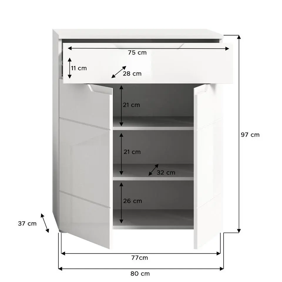 Hioshop Solero schoenenkast 2 deuren- 1 lade wit hoogglans- wit