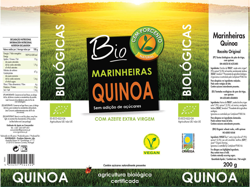 BOLACHA CEM PORCENTO MARINHEIRAS QUINOA BIO 200G