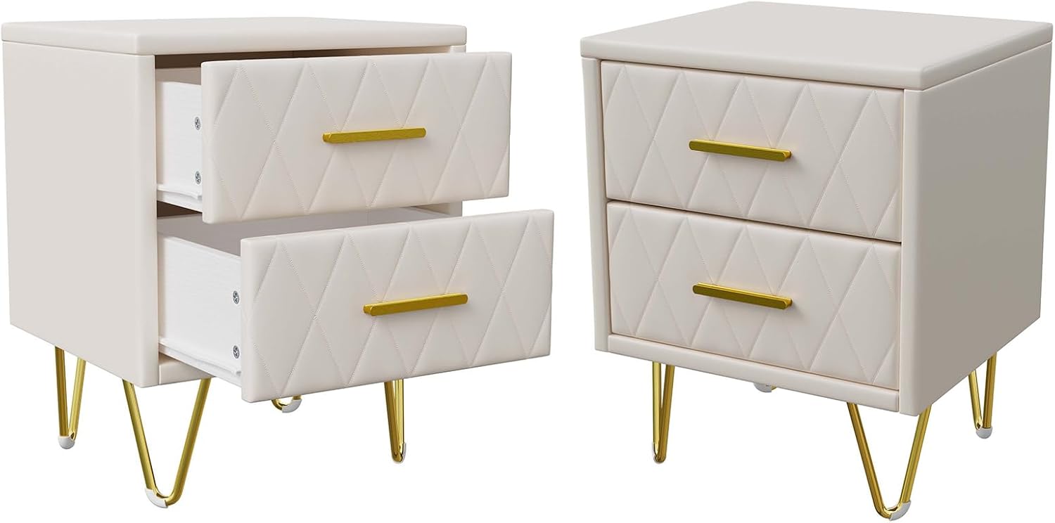 Nachttisch 2er Set, Beige Nachttisch Gepolstert Mit 2 Schubladen, Nachtkästchen Nachtschrank Schmal Mit Goldenen Metallbeinen Und Griffen, Modern Nachtkommode Beistelltisch Für Wohnzimmer Schlafzimmer PA3519604