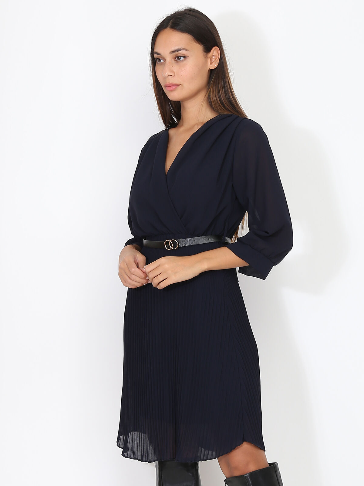 Robe cache-coeur plissée ceinturée- Bleu marine