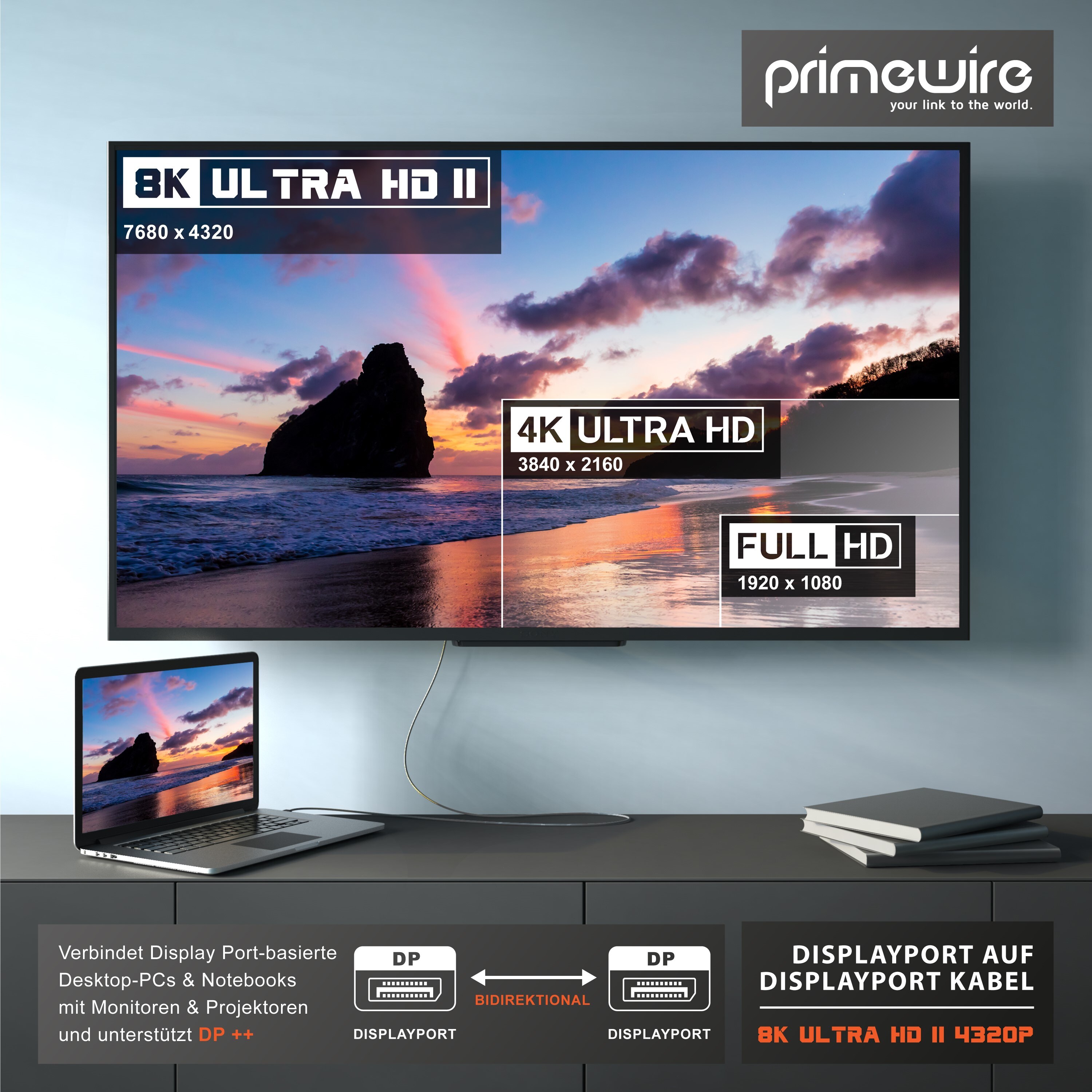 Primewire 8K Premium DisplayPort 1.4 Kabel - DP 1.4 - 7680x4320 @ 60 Hz - 2m