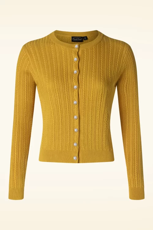 Vixen Vintage pearl button cardigan in mosterdgeel