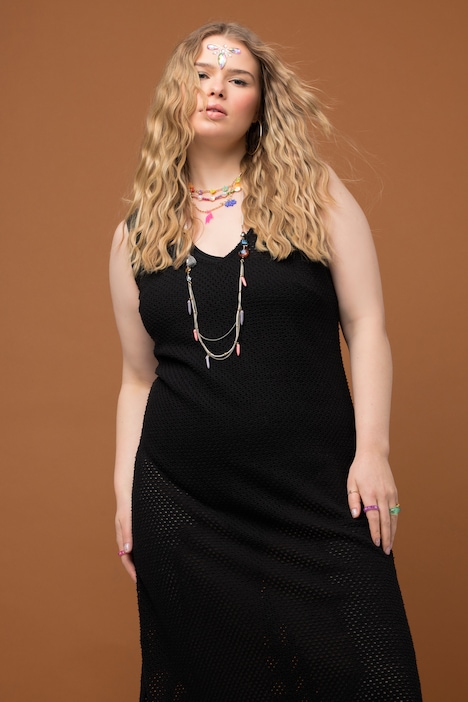 Netzkleid, Midilänge, Loose Fit, V-Ausschnitt, ärmellos