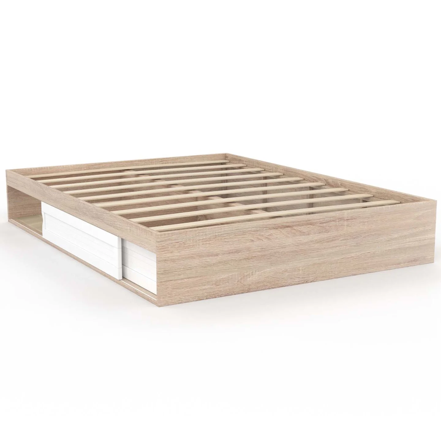 Cadre de lit double SALEM avec rangements et sommier 140 x 190 cm façon hêtre et blanc