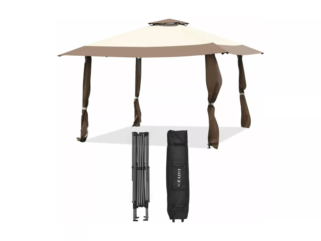 Tonnelle Barnum de Jardin Pliante Pop-up 3,95x3,95M 2 Toit Ventilés Tissu et velours Oxford 3 Hauteurs Réglable Sac de Rangement（Marron)