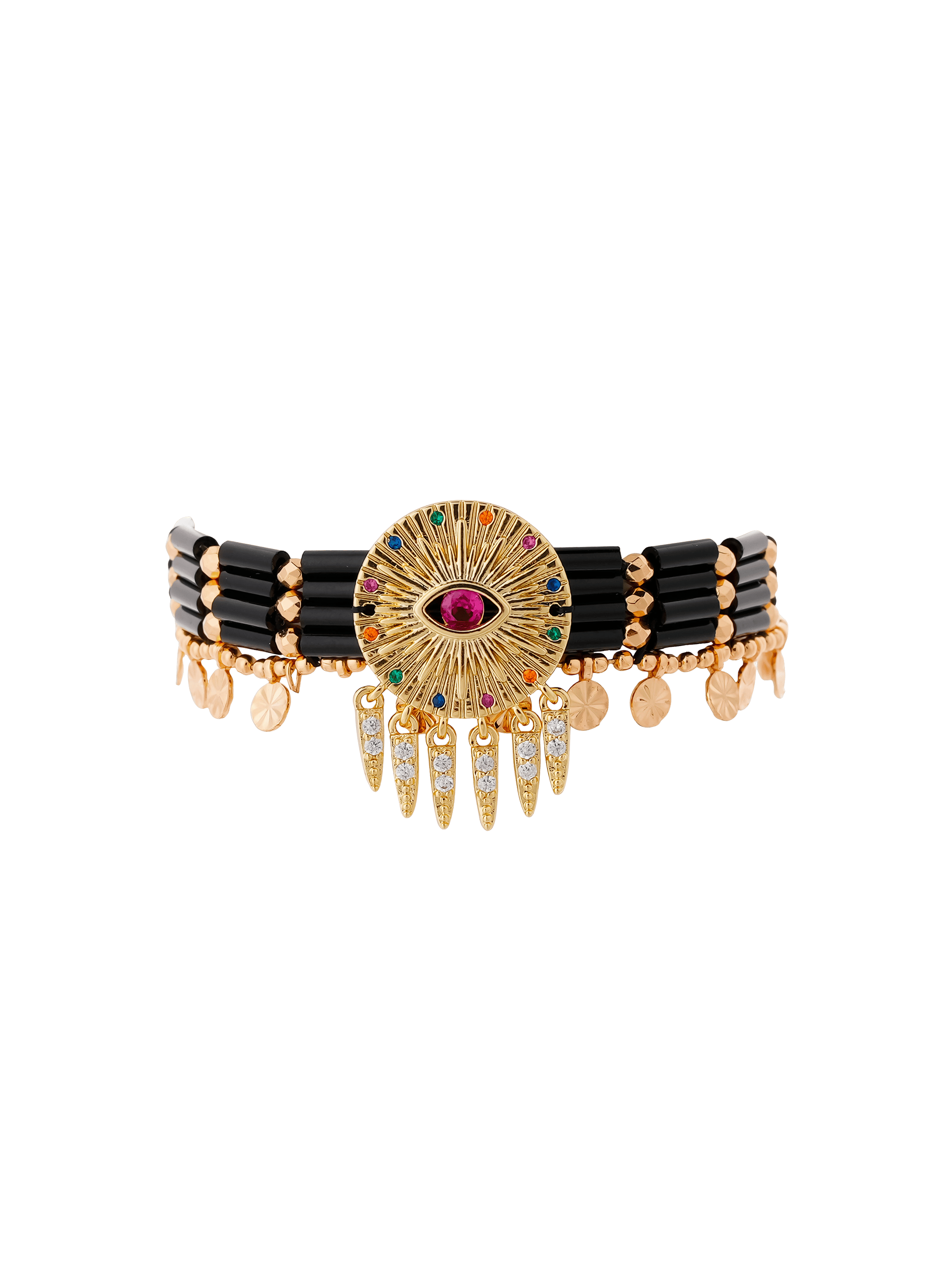 MYSTAIRE - Bracelet en perles avec cabochon et pampilles en laiton | Noir