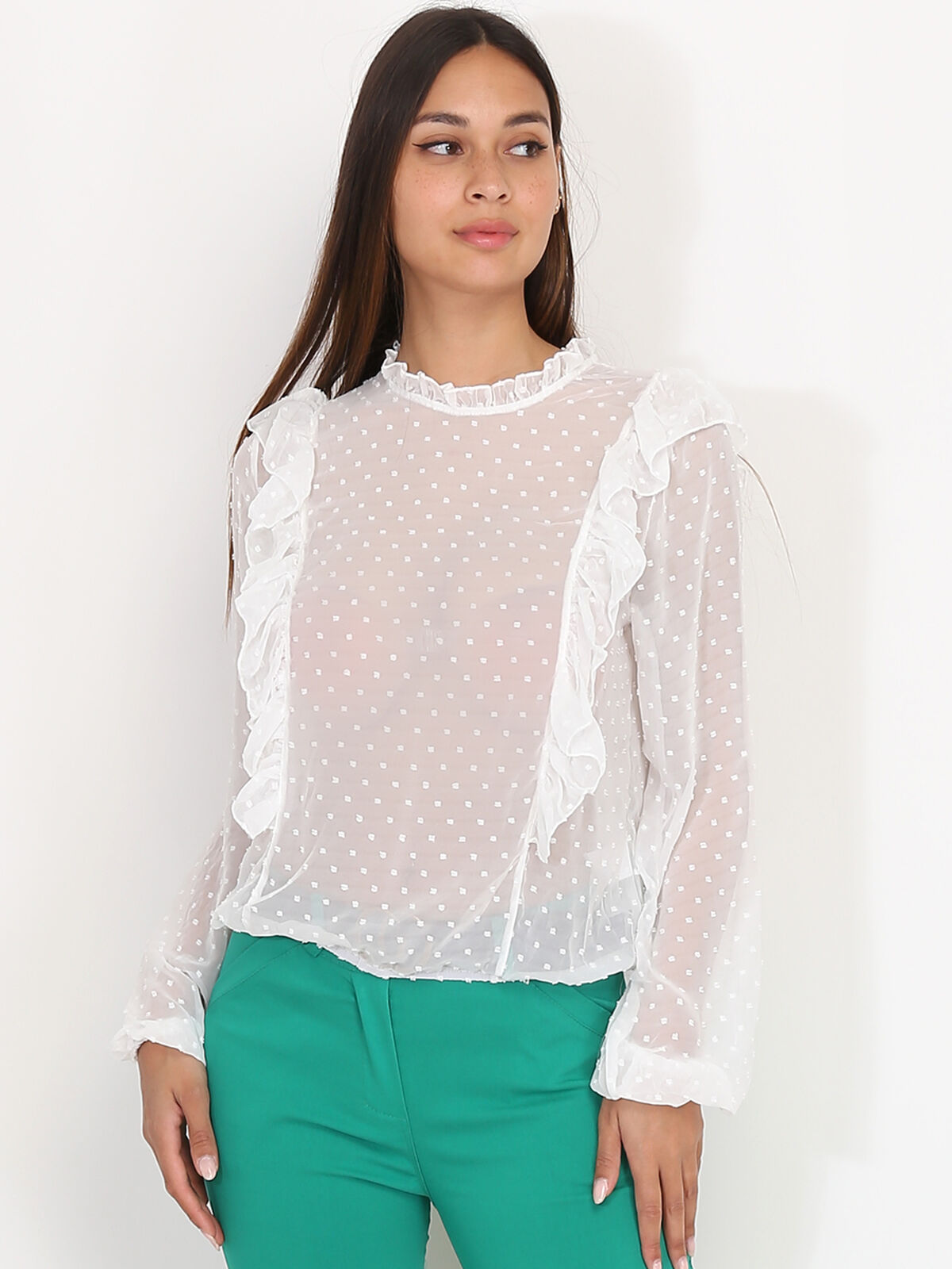 Blouse plumetis à volants- Blanc